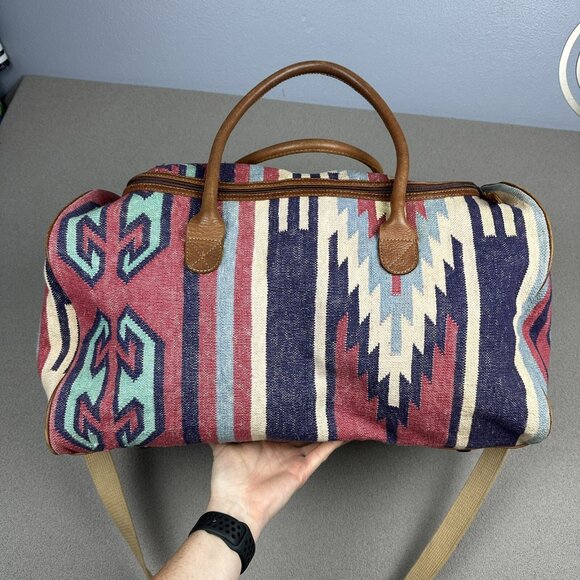 Southwestern Weekender Travel Duffel Bag Woven Leather Strap Overnight